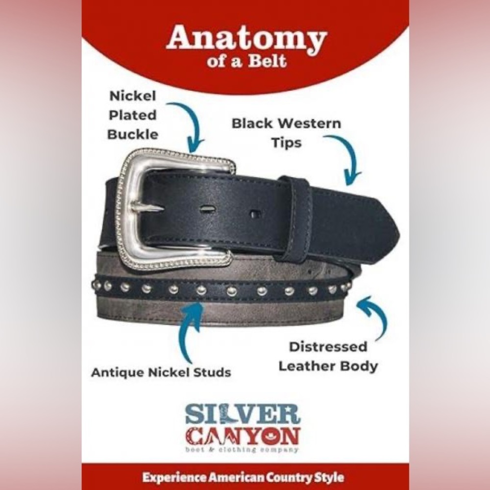 ✨Men’s black leather belt with studded accent overlay by silver canyon 36 ✨